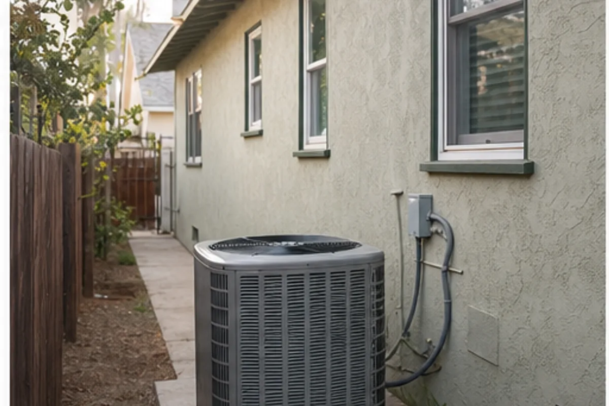 Older San Gabriel Valley bungalow side yard with HVAC condenser and service access
