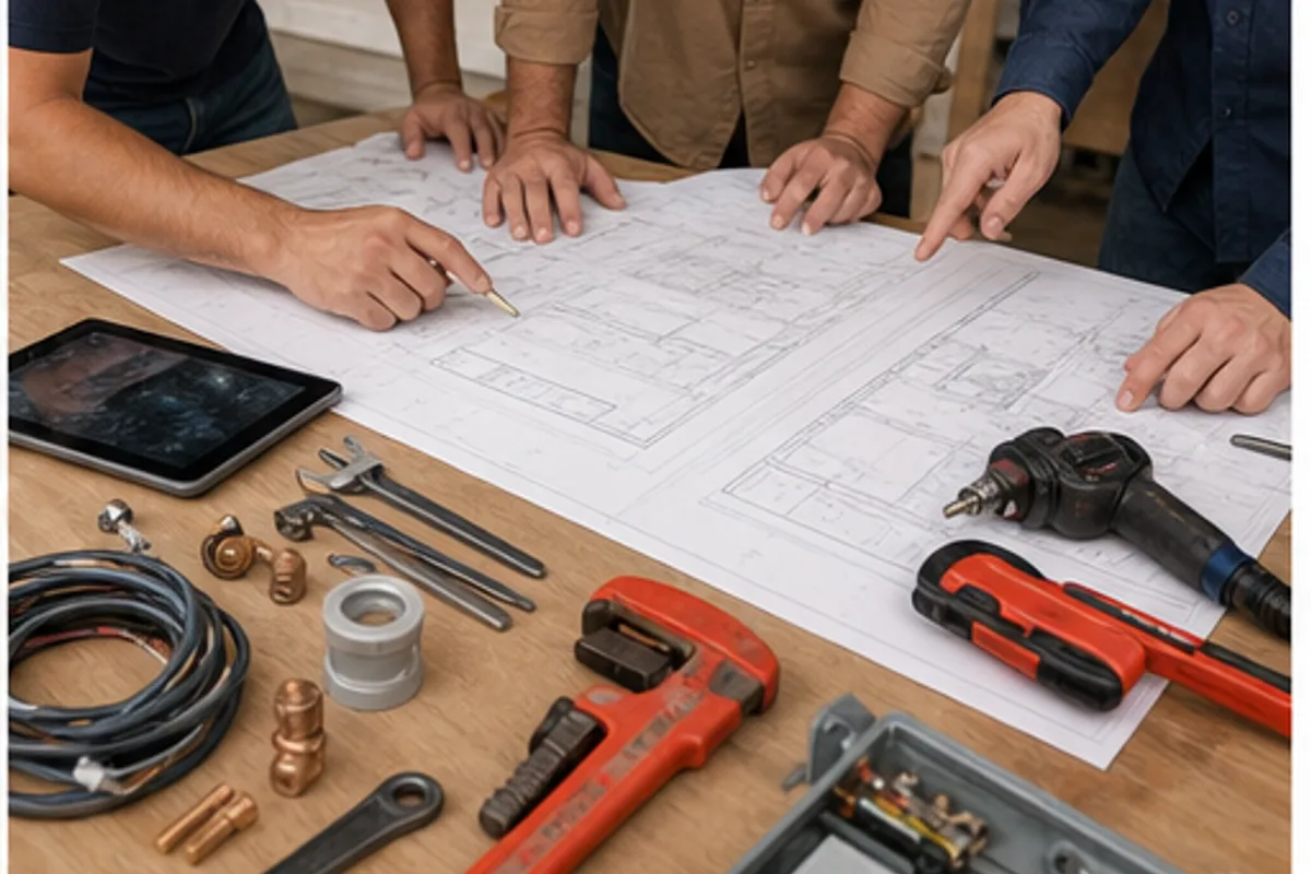 Technicians reviewing retrofit plans with plumbing and electrical tools on a workbench